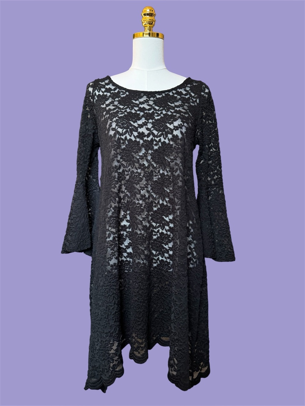 Black Lace Romantic Southern Goth Floral Bell Sleeve Asymmetrical Hem Dress Lg